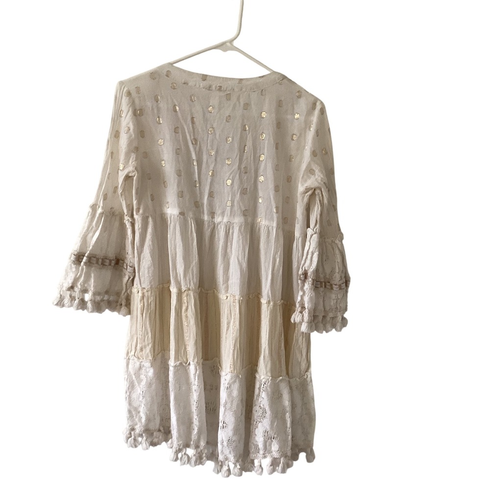 Rise & Blossom Gold Dot Tiered Tassel Pom‎ Pom V-Neck Tunic Dress S/P CH - Picture 2 of 14